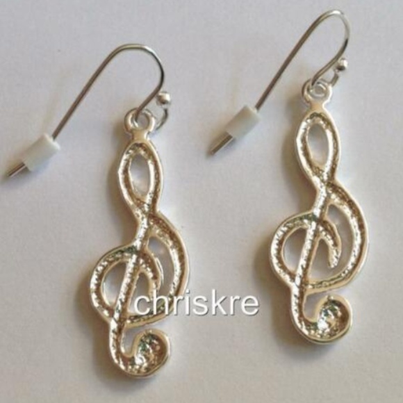 Silver Clef Note Music Earrings Hypo-allergenic - Picture 2 of 4